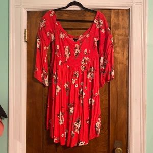 Torrid Floral Smocked Off Shoulder Challis Skater Stretchy Dress, Red